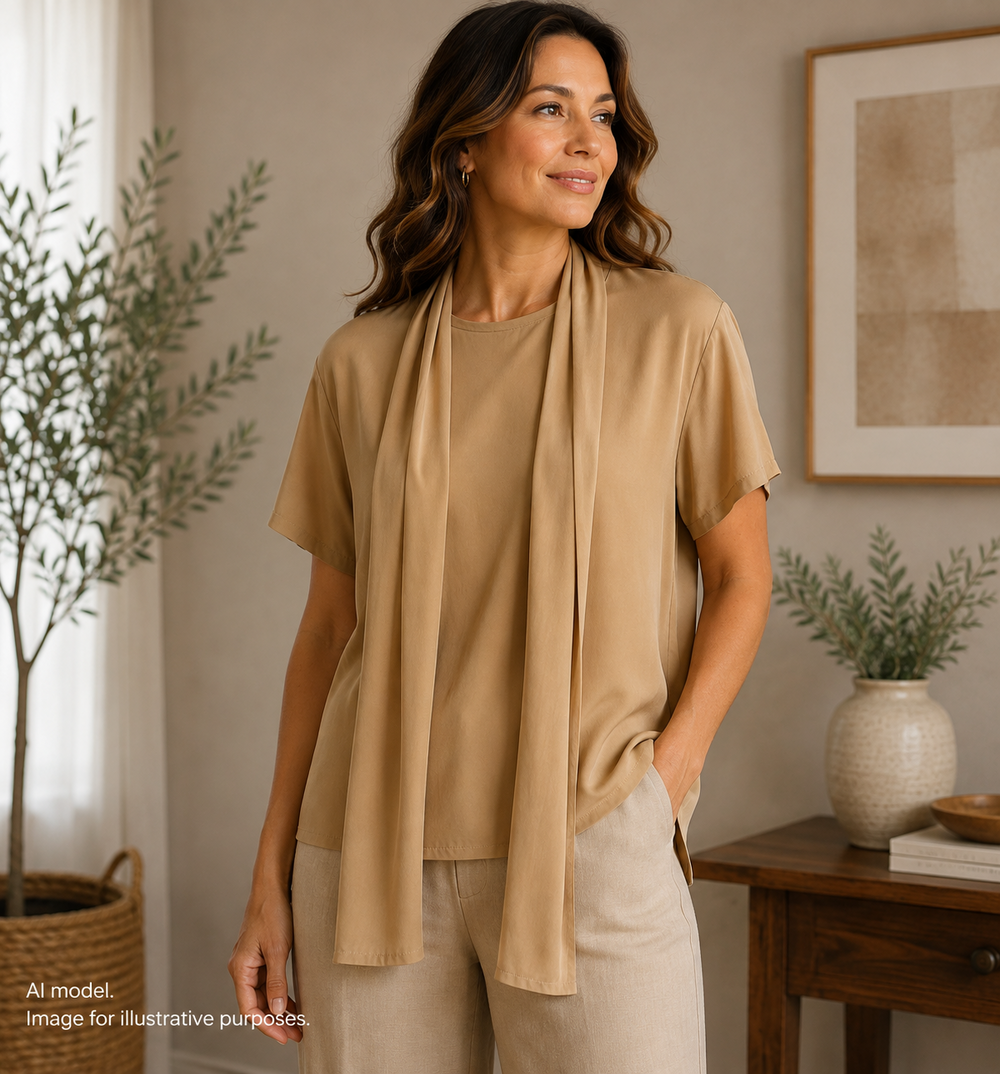 Eileen Fisher Shirt Womens Small Medium Tan Washable Silk with Tie Flowy Career